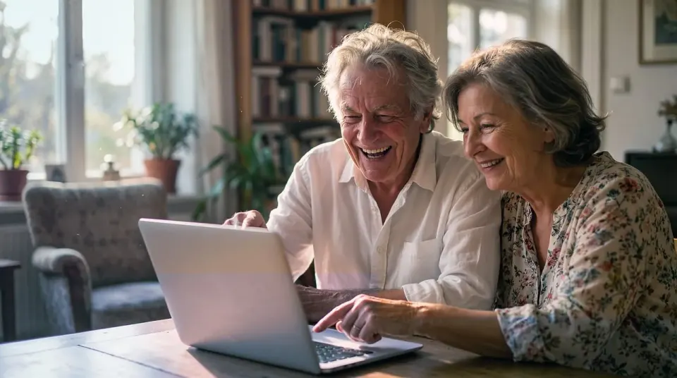 seniors, laptop, laughing, couple
