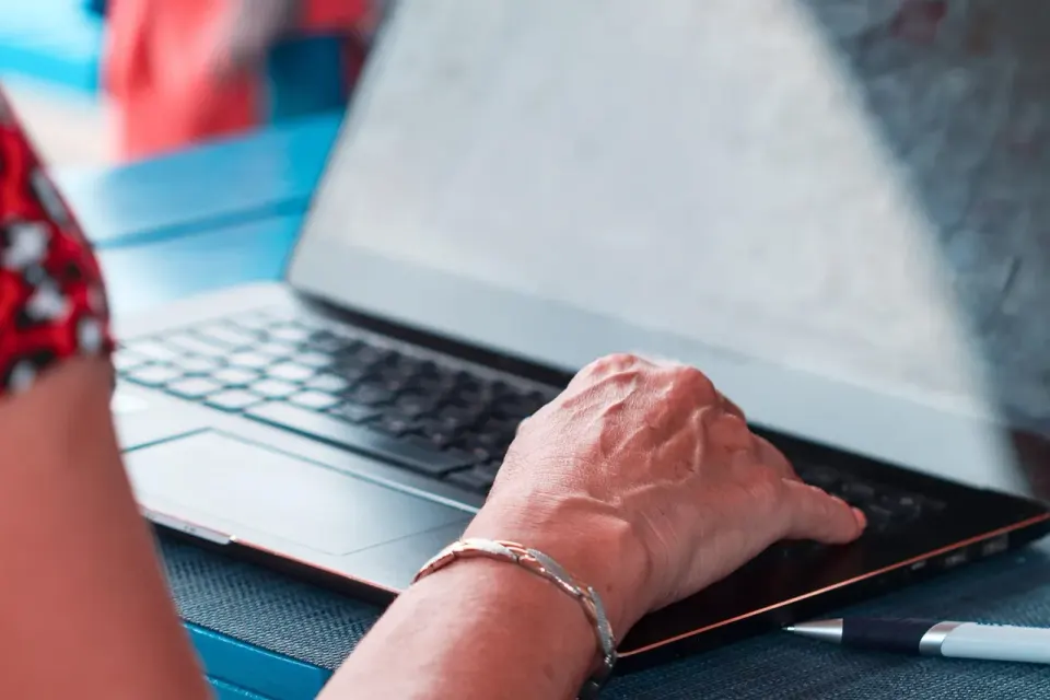 laptop, typing, woman, hand