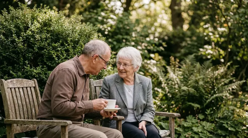 elderly, couple, garden, conversation