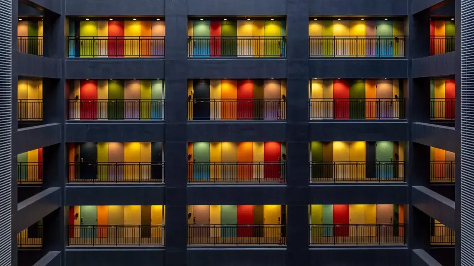 A colorful residential apartment building