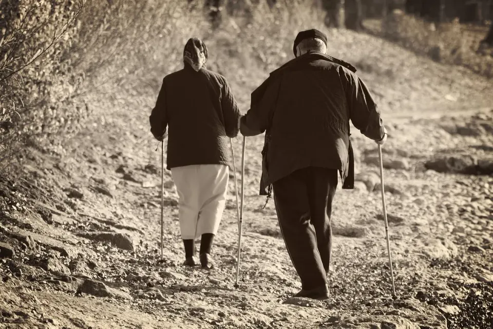 elderly, couple, walking, trail
